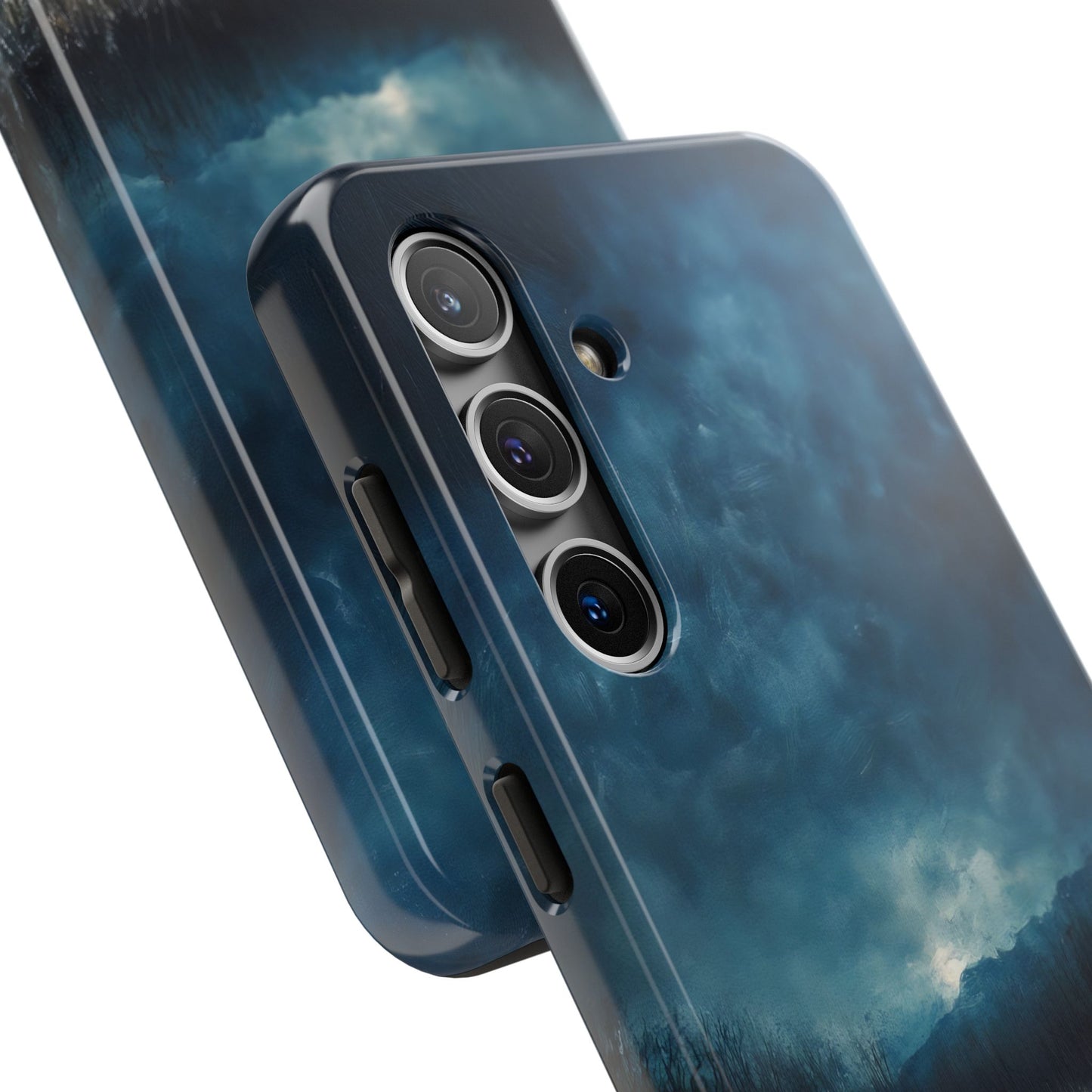 Close-up of smartphone case with serene cloudy sky and landscape design, spiritual phone accessory