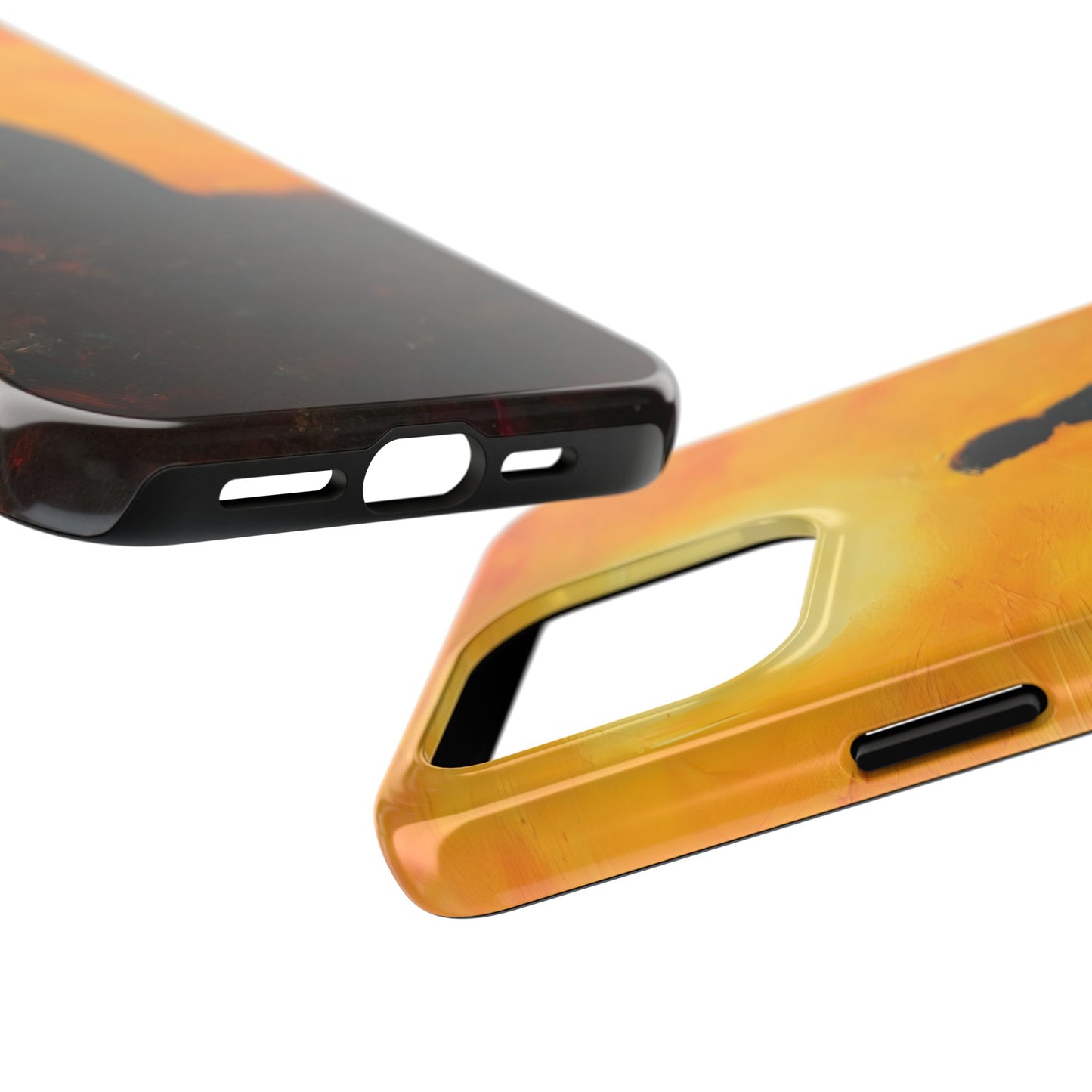 Close-up of Christian phone cases with abstract orange and brown art design on white background