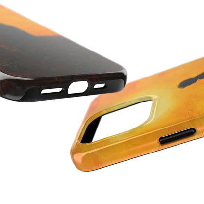 Close-up of Christian phone cases with abstract orange and brown art design on white background