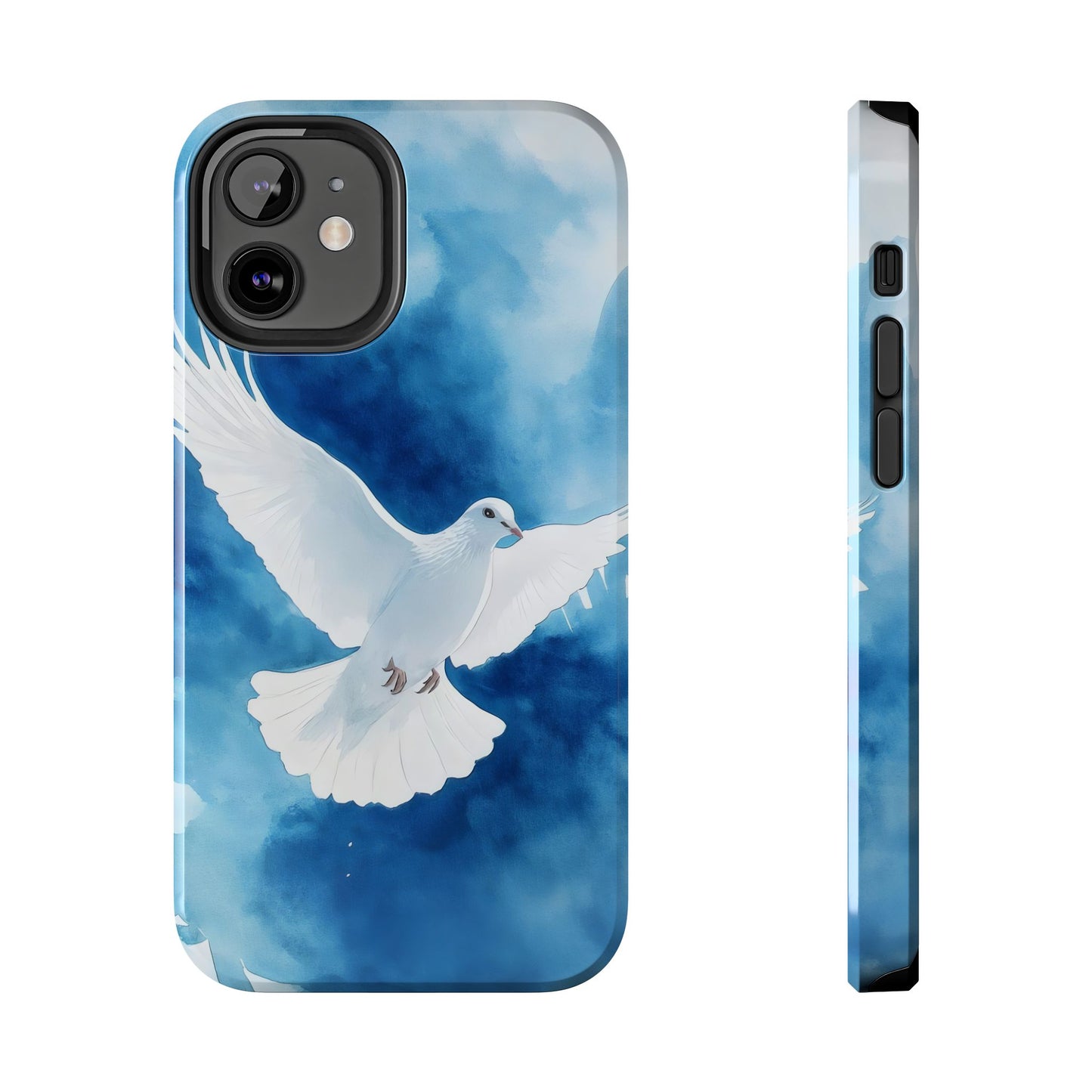 Christian phone case with white dove illustration on blue watercolor background