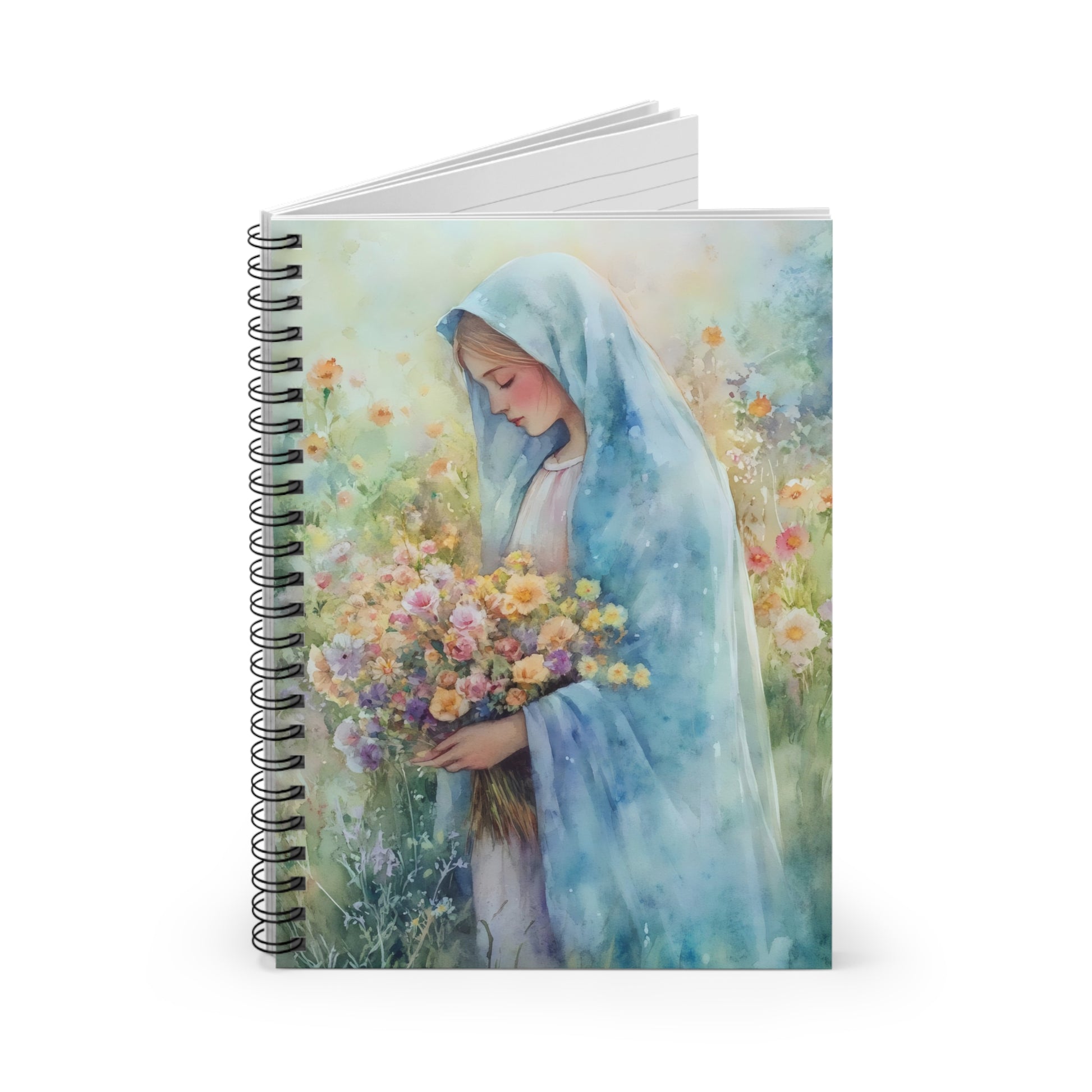 Spiral notebook with watercolor art of serene woman in blue shawl holding bouquet of flowers