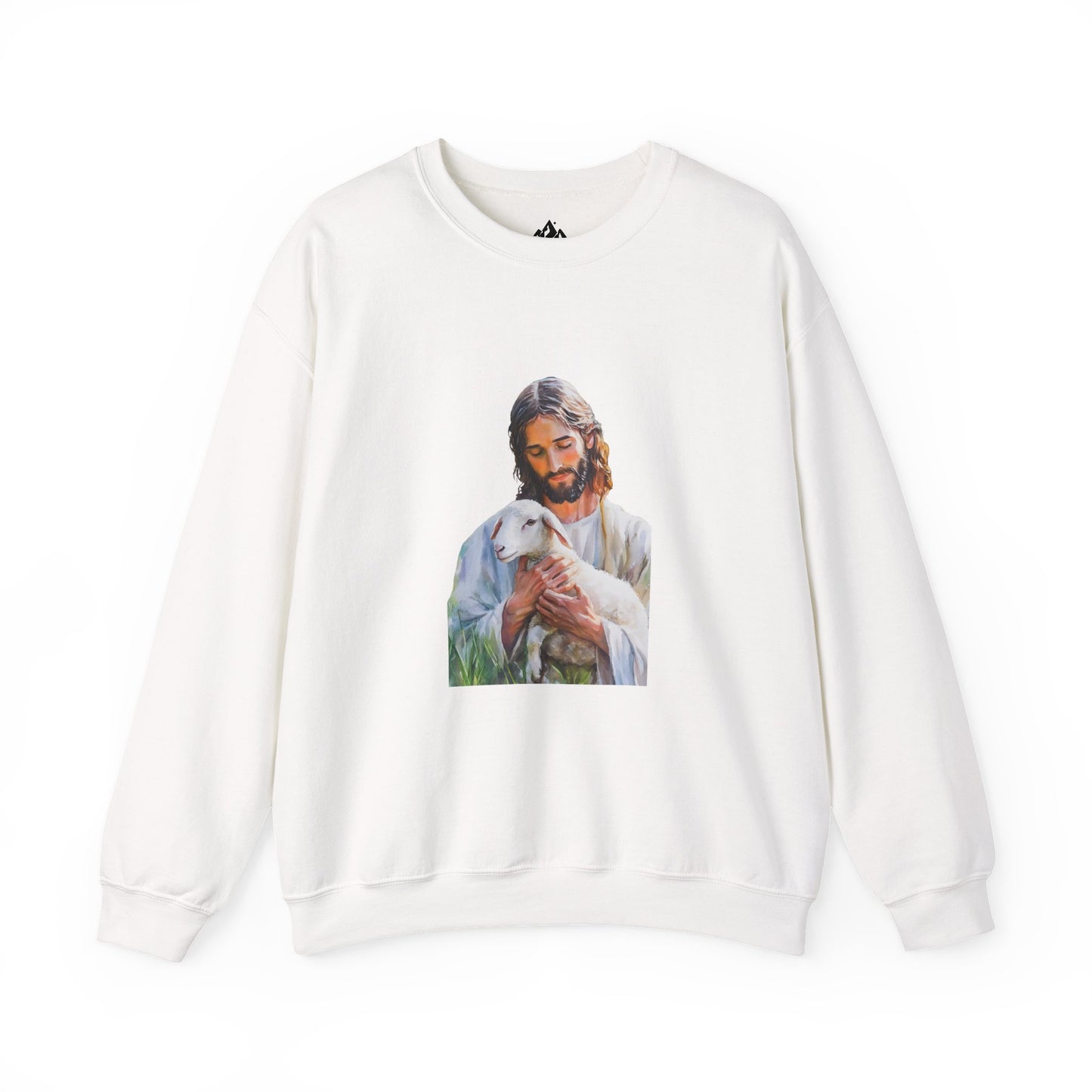 White Christian sweatshirt with artwork of Jesus holding a lamb, spiritual faith apparel