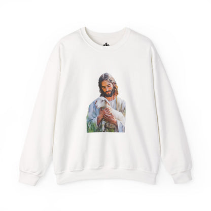 White Christian sweatshirt with artwork of Jesus holding a lamb, spiritual faith apparel