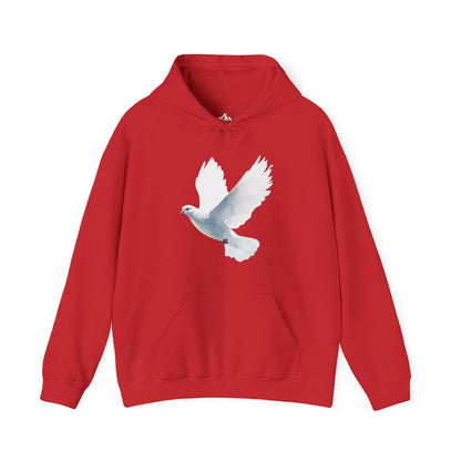 Red hoodie with white dove graphic, Christian faith inspirational apparel