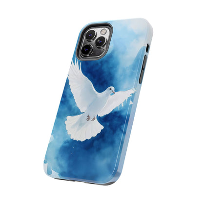 iPhone case with white dove illustration on blue watercolor background, spiritual phone accessory
