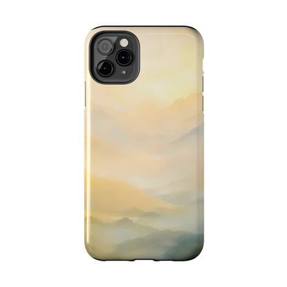 Phone case with soft pastel mountain landscape, tranquil abstract art, minimalist design