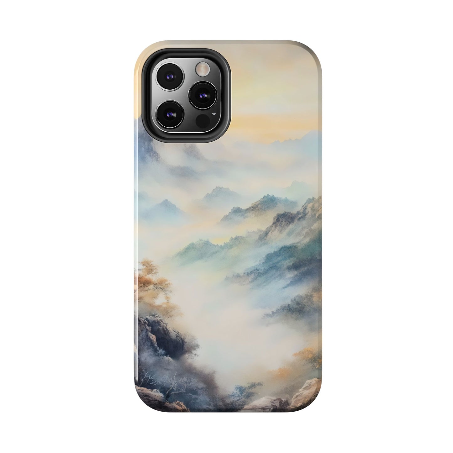 Phone case with serene mountain landscape and mist, spiritual nature art design