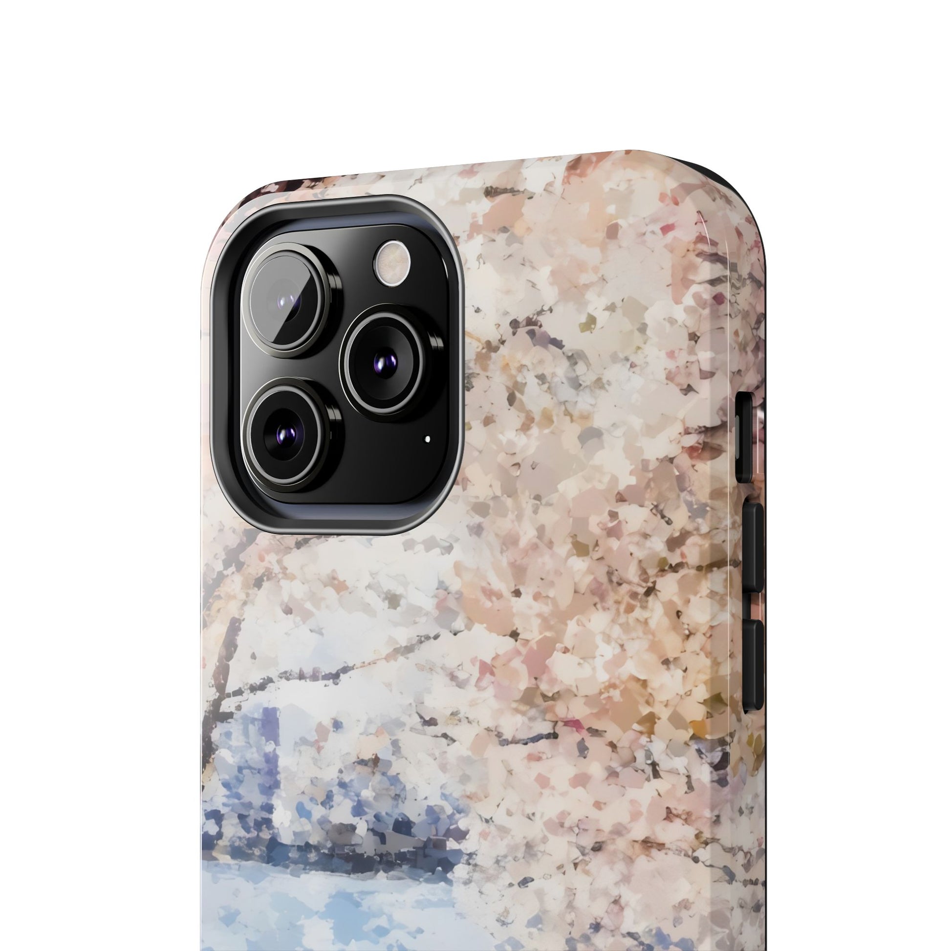 Phone case with abstract pastel watercolor floral design, close-up of camera area