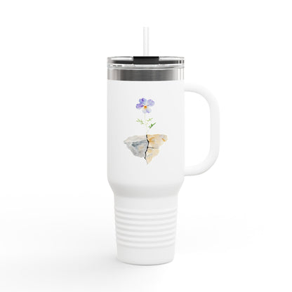40 oz insulated travel tumbler with purple pansy growing from a broken pot artwork