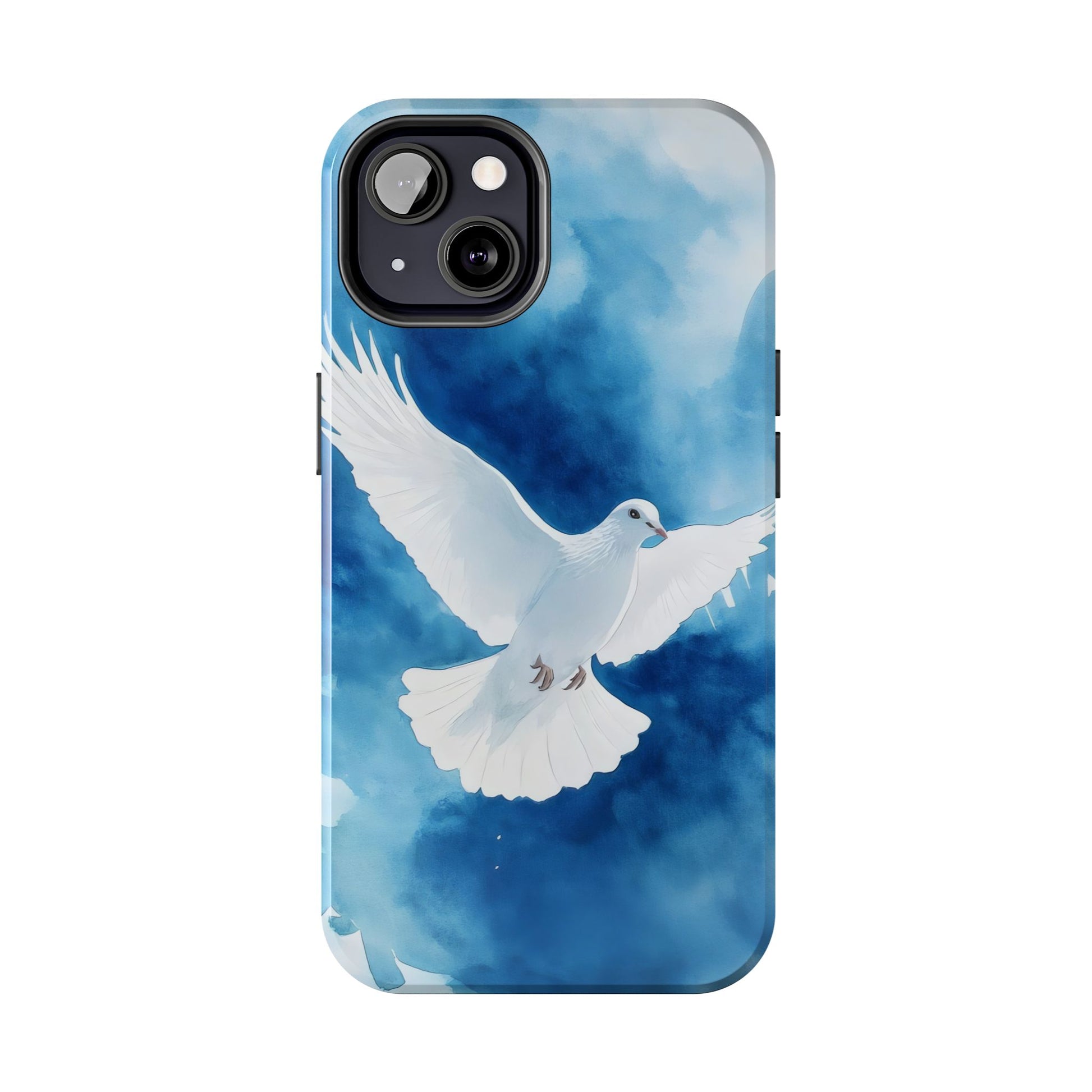 White dove flying on blue watercolor background phone case, Christian wall art theme