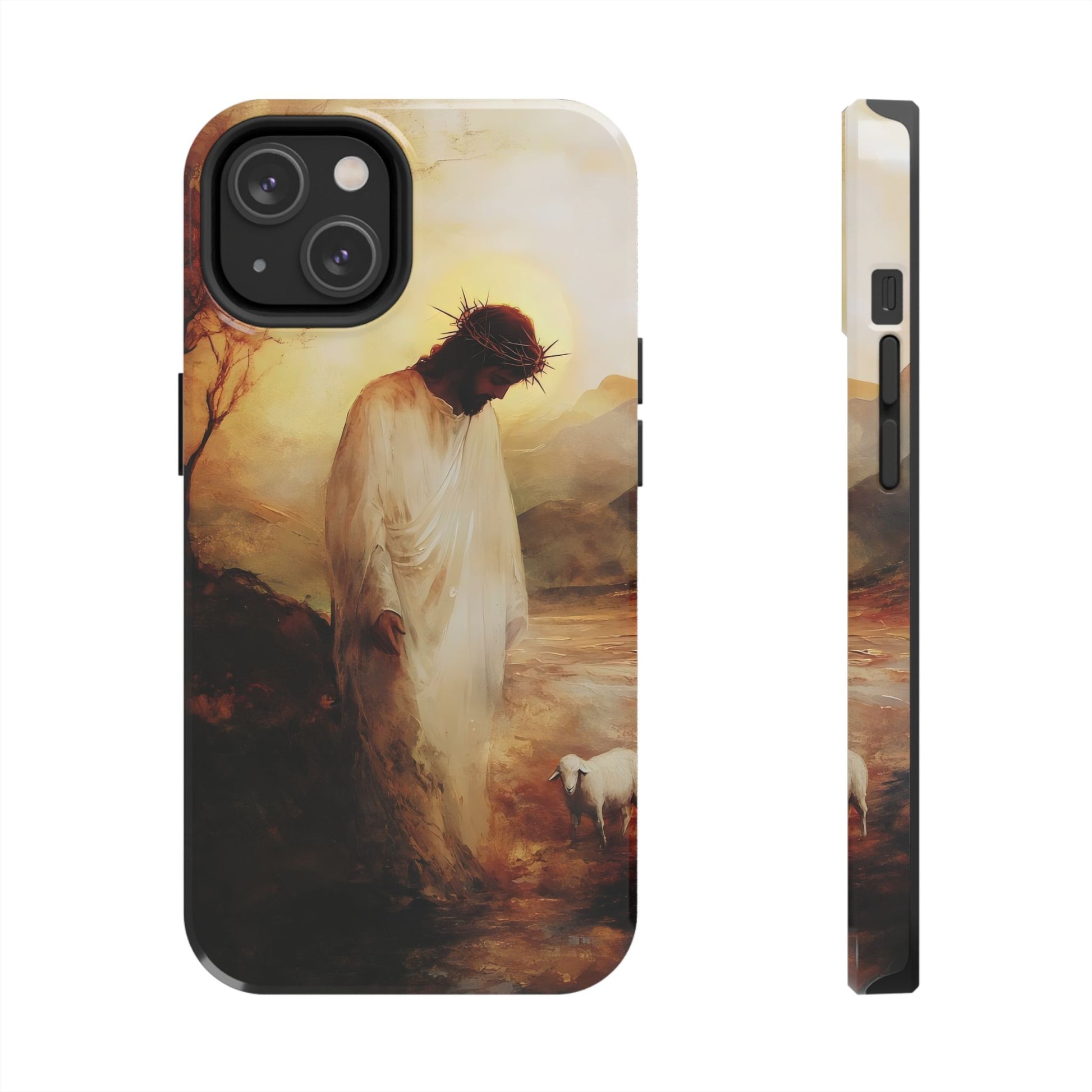 Phone case with artistic depiction of Jesus in white robe and crown of thorns, standing by lamb.