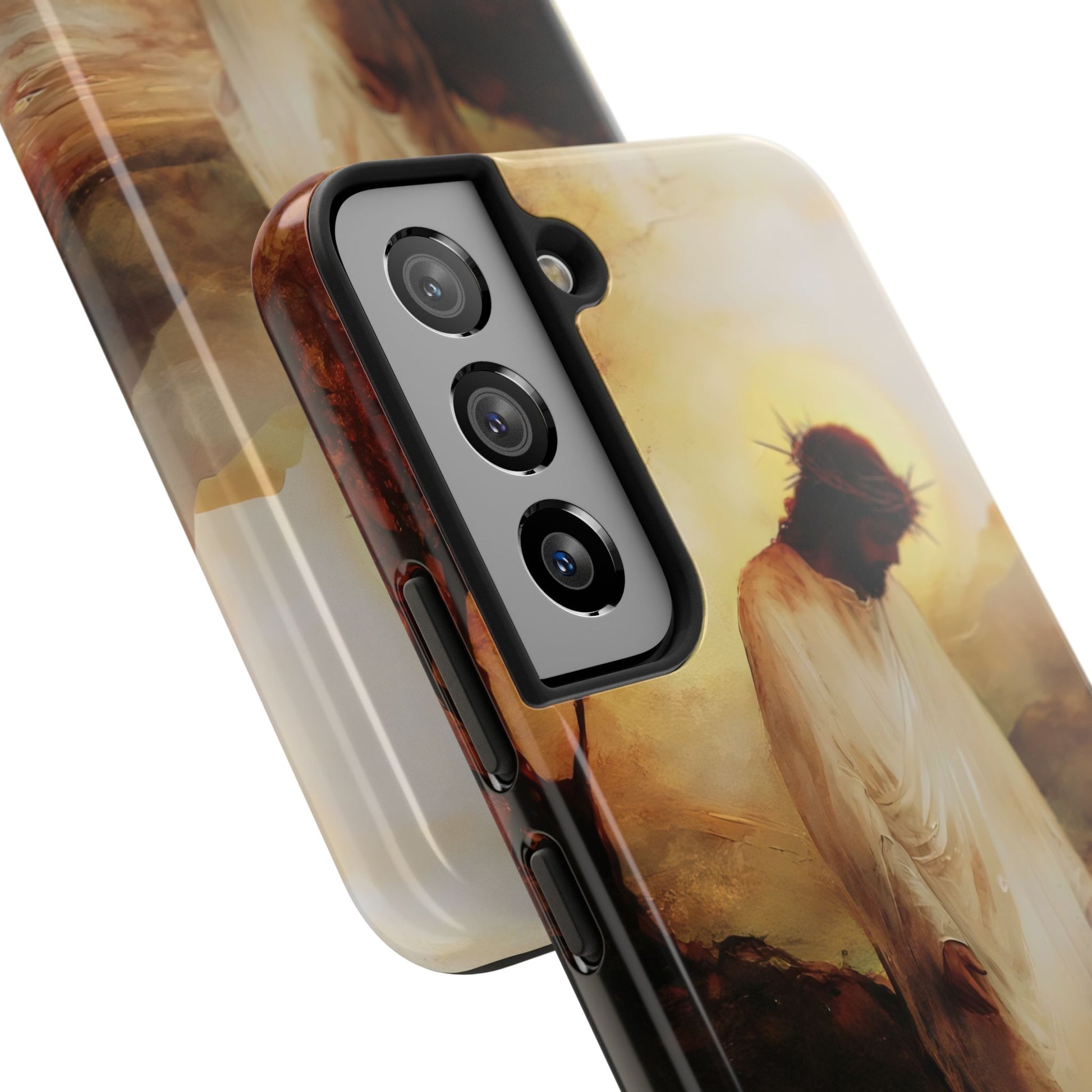 Christian phone case with art of Jesus in white robe and crown of thorns, spiritual decor