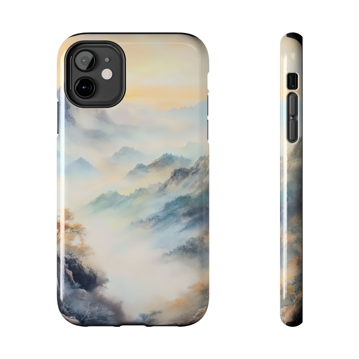 Phone case featuring serene misty mountain landscape in soft pastel colors.
