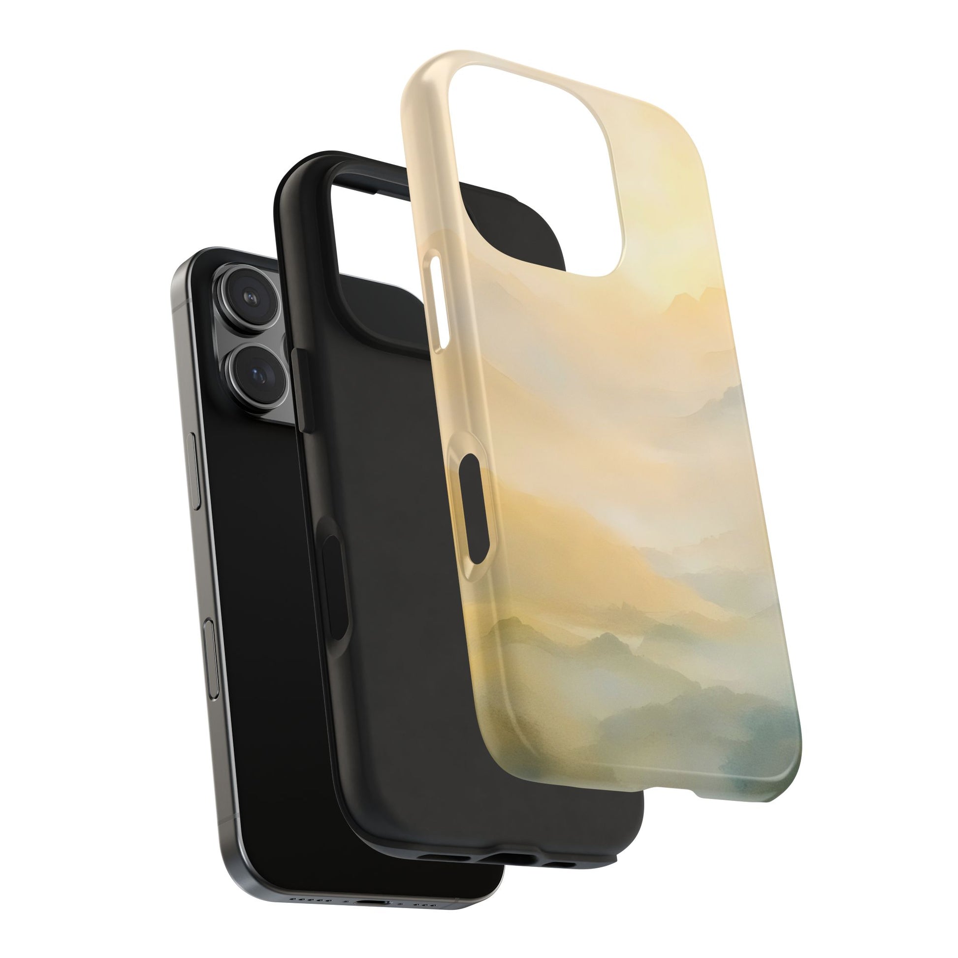 Phone case with soft pastel mountain landscape design, shown next to a smartphone