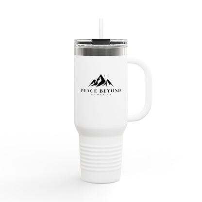 40 oz insulated travel tumbler with Peace Beyond Thought mountain logo