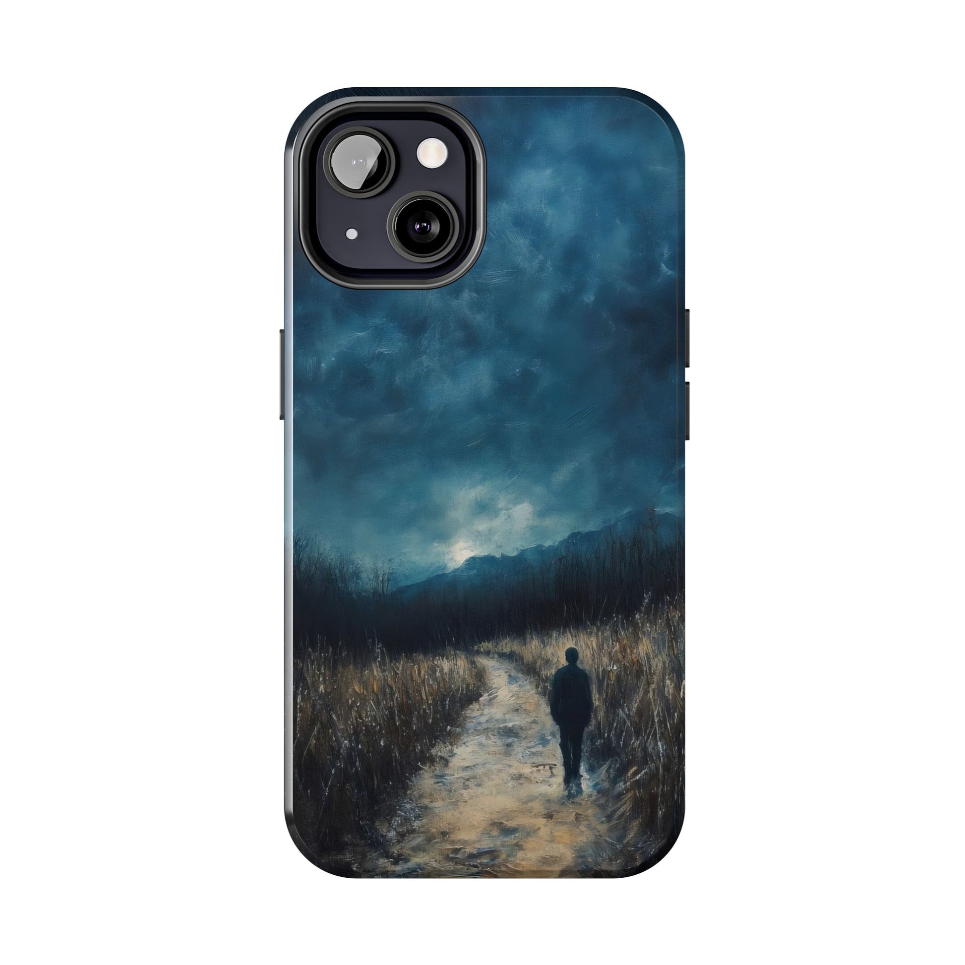 Spiritual phone case with silhouette walking on a path at dusk, mindful landscape art design