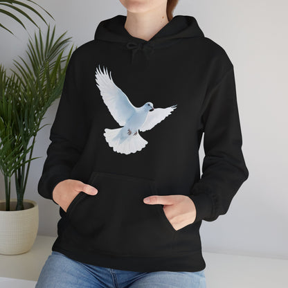 Woman wearing black hoodie with white dove graphic, Christian symbolic apparel