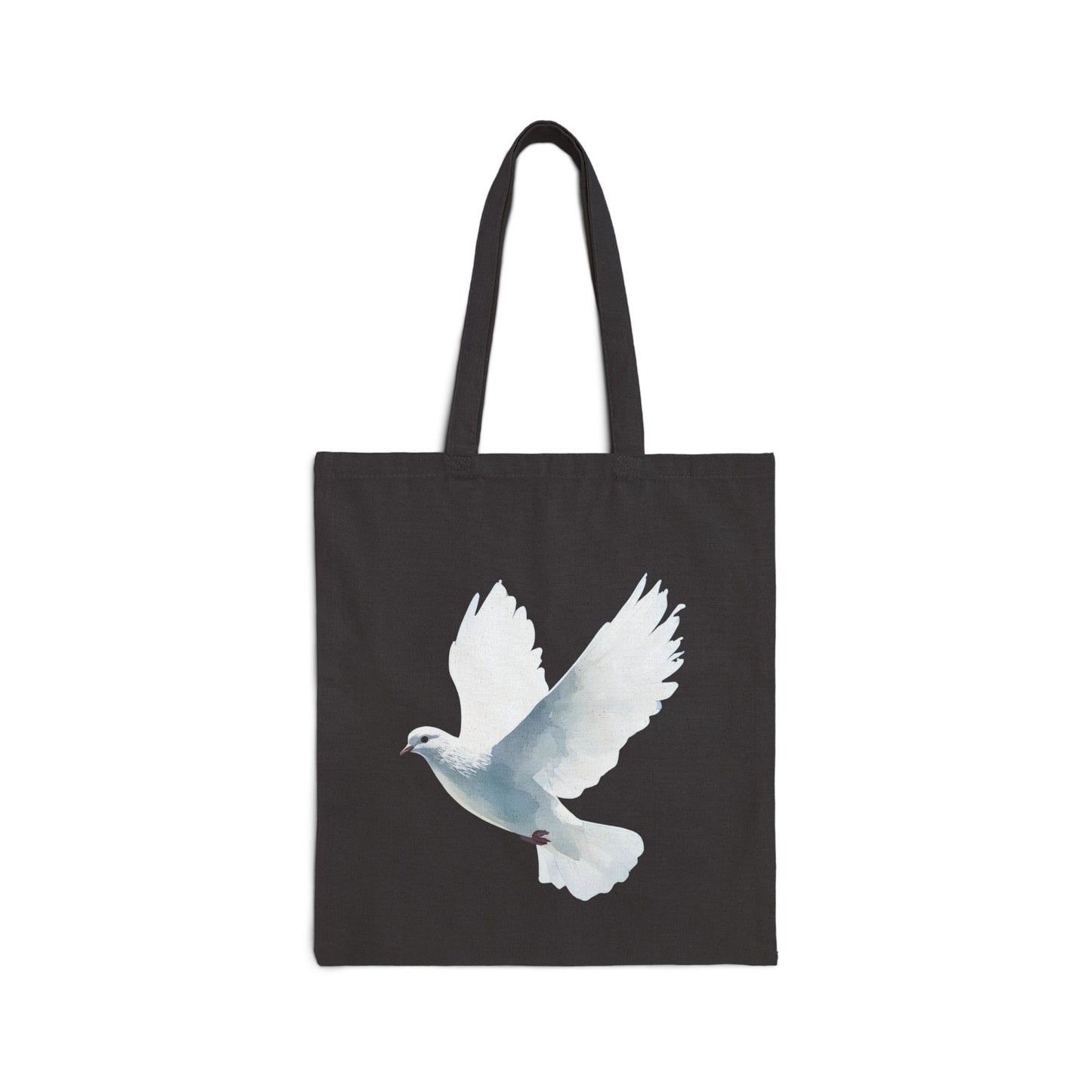 Black tote bag with a white dove illustration, Christian faith-inspired accessory