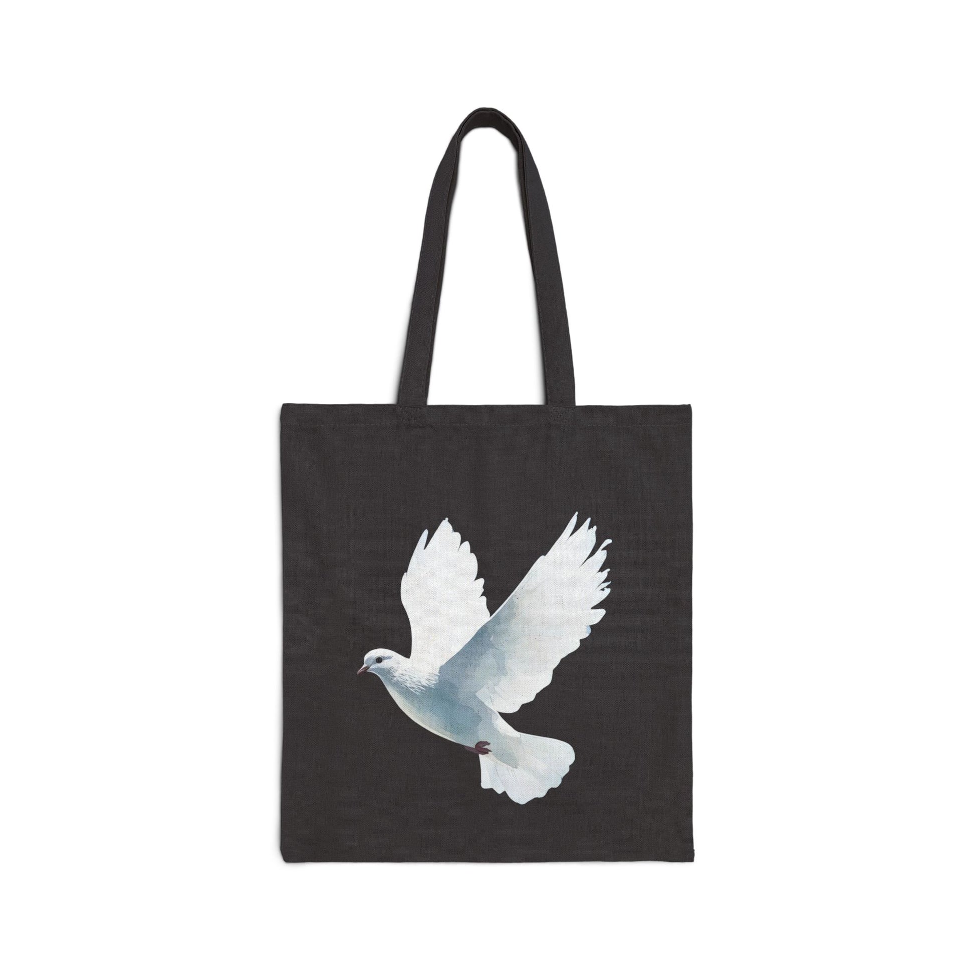 Black tote bag with a white dove illustration, Christian faith-inspired accessory