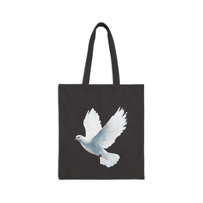 Black tote bag with a white dove illustration, Christian faith-inspired accessory
