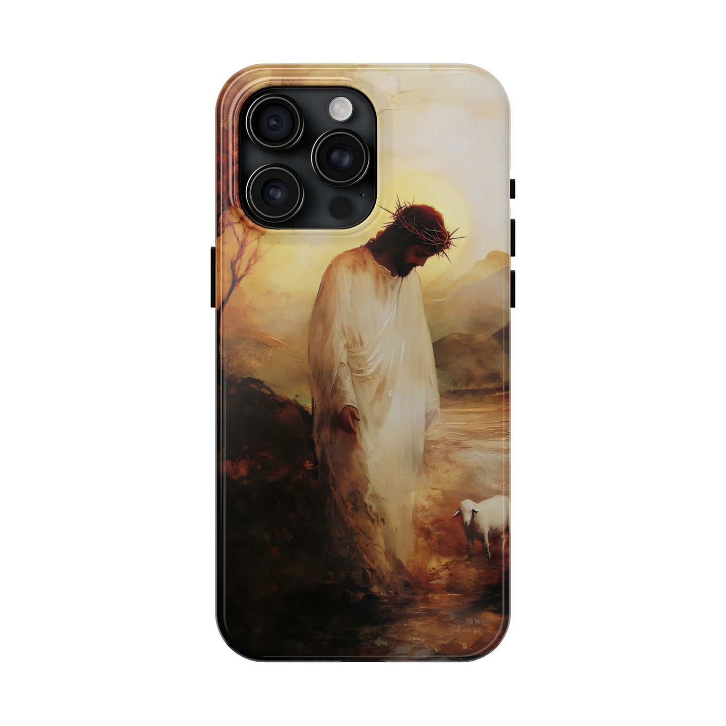 Christian phone case with Jesus in white robe and sheep, spiritual art design