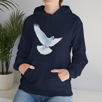 Woman wearing navy hoodie with white dove Christian faith design, casual home setting