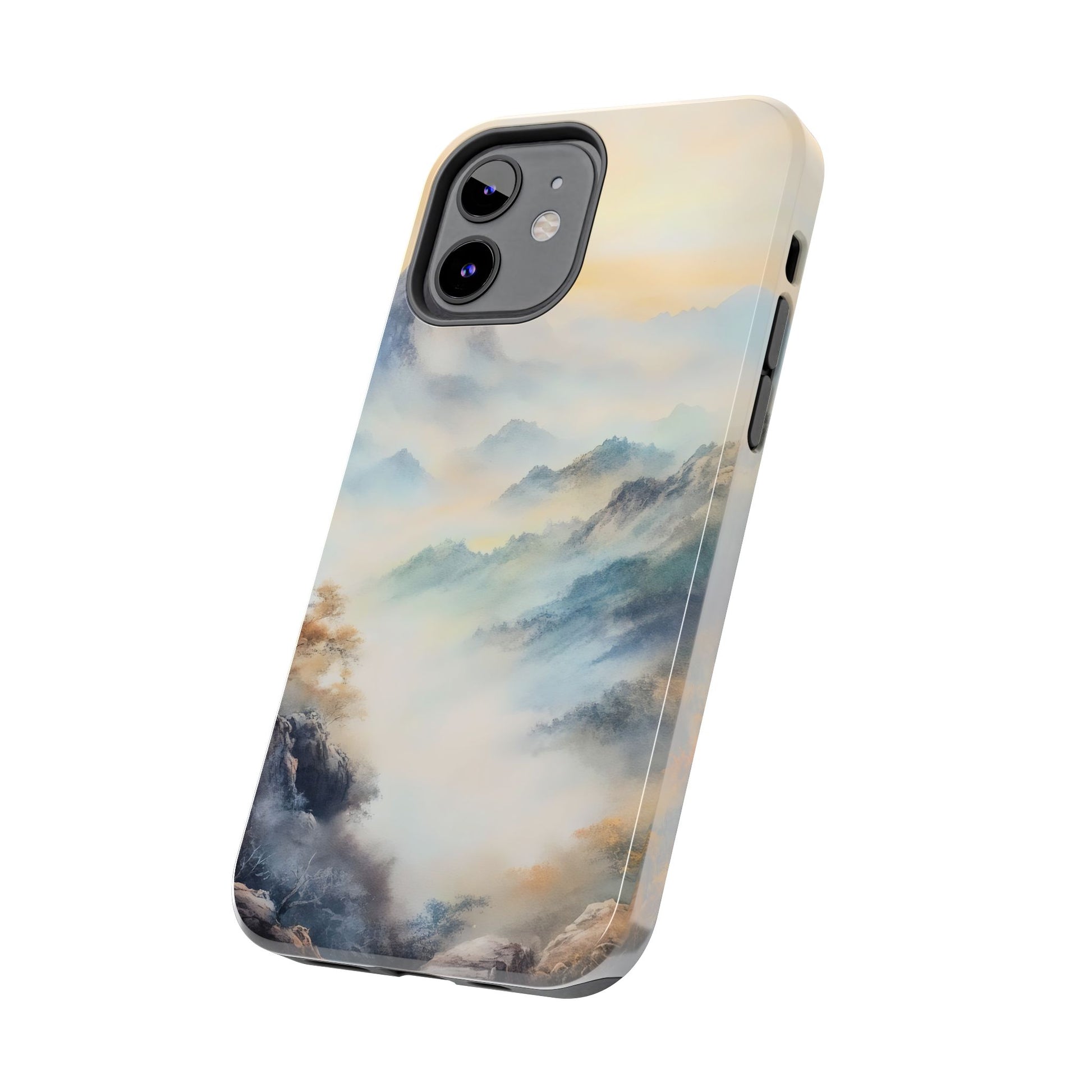 Phone case with serene mountain landscape and misty sunrise watercolor design