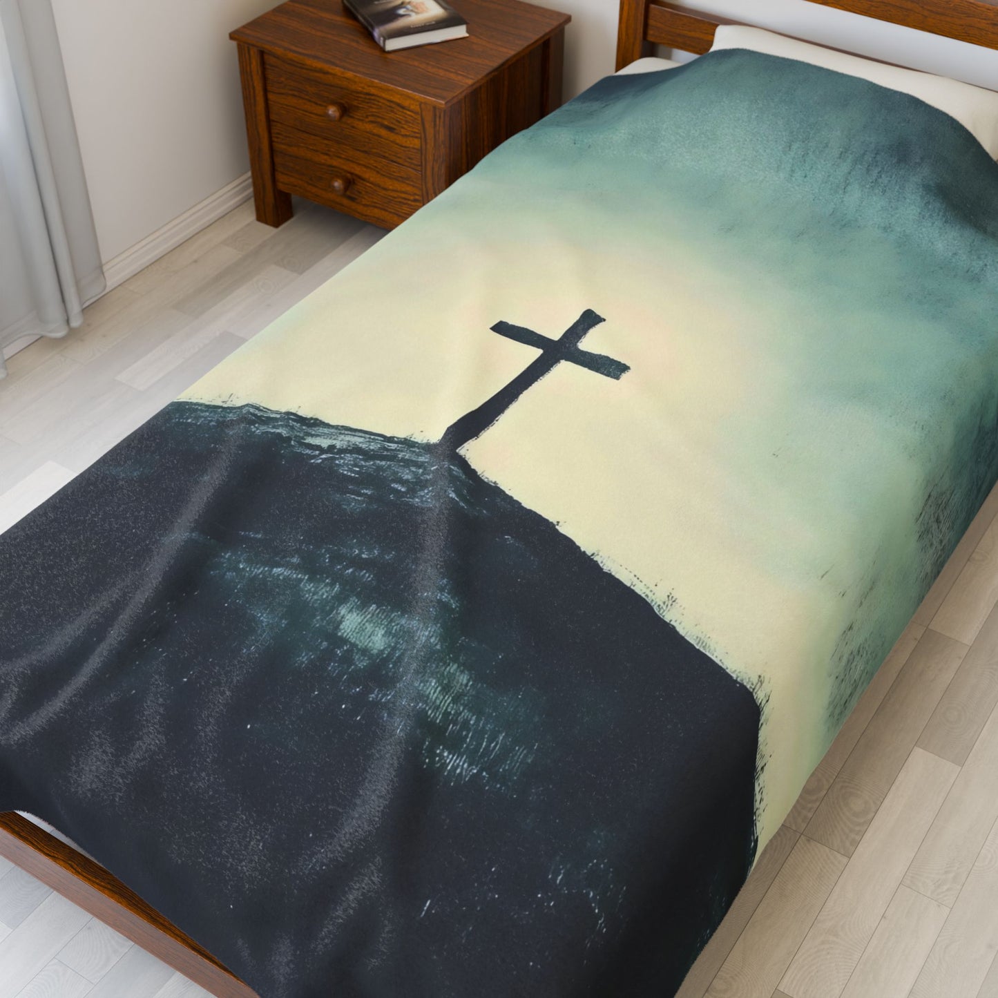 Cross on Hill Velveteen Plush Blanket | Religious Christian Decor, Prayer Throw