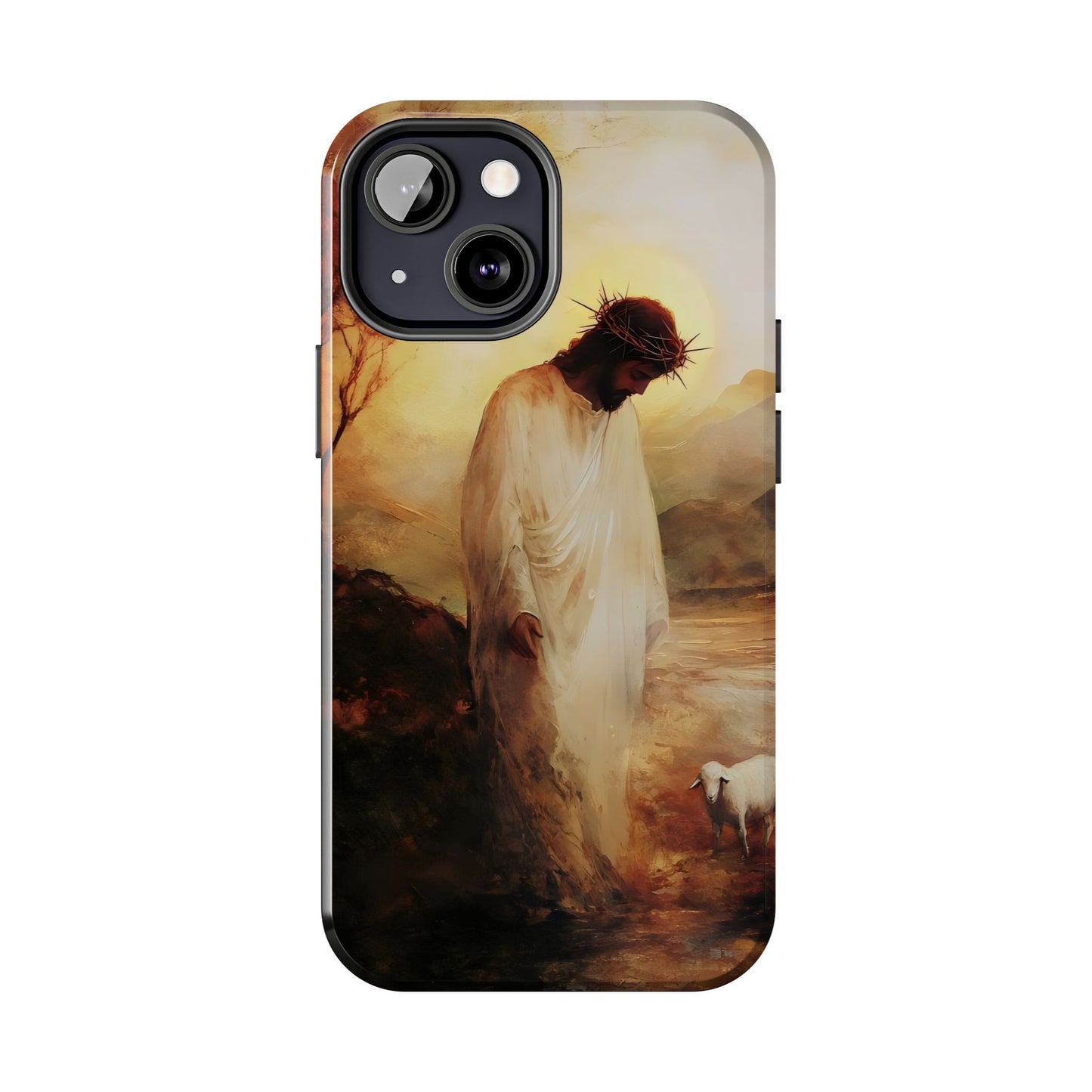 Christian phone case with Jesus in white robe, crown of thorns, and lamb in serene landscape