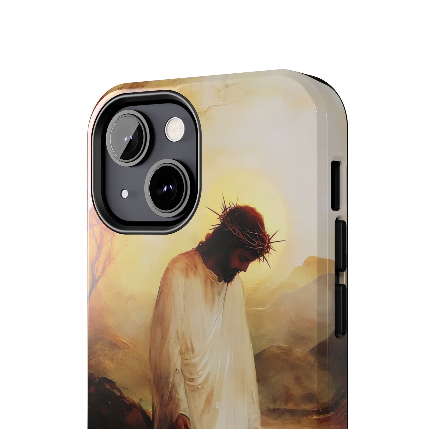 Christian phone case with Jesus wearing crown of thorns, serene sunset mountain background