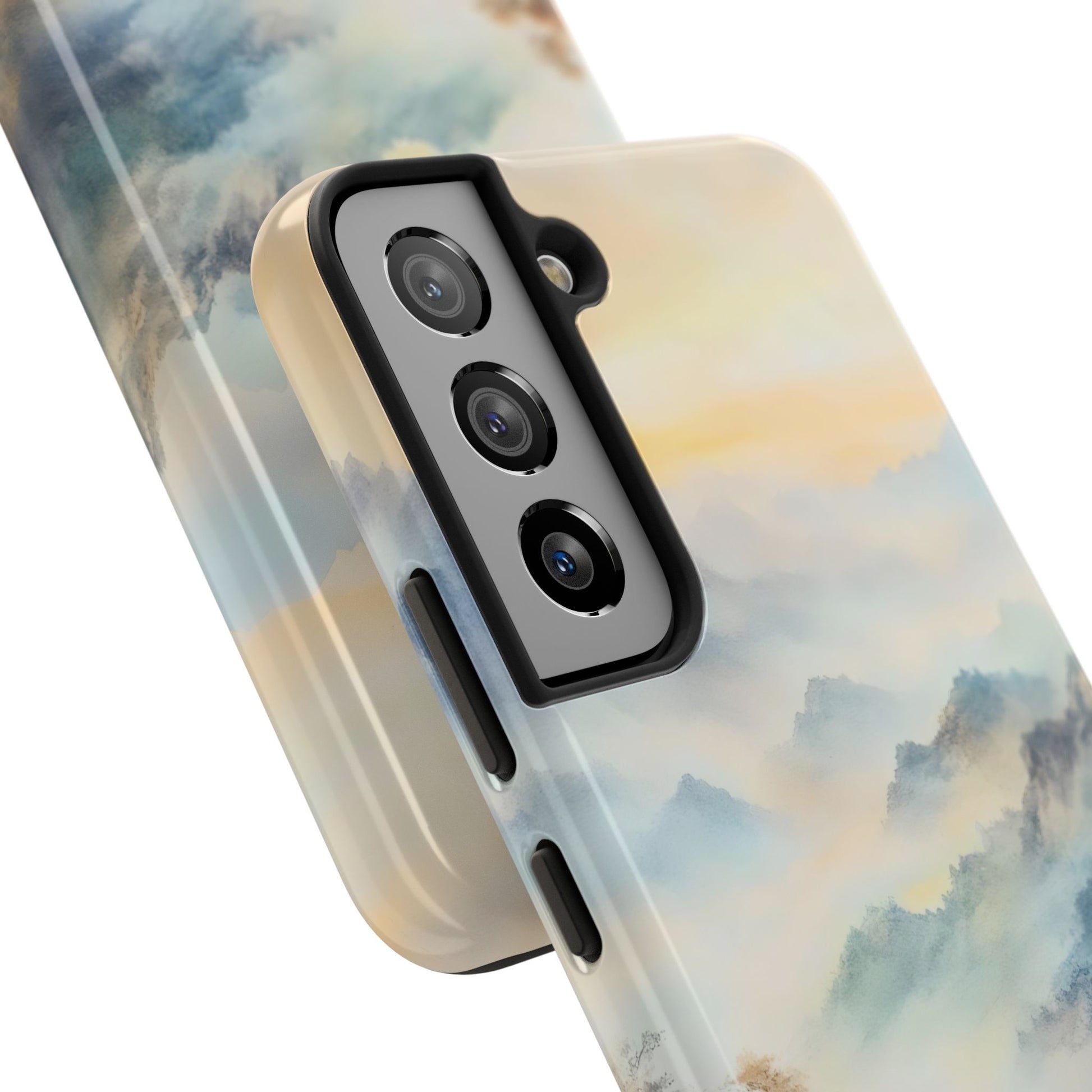 Christian wall art inspired phone case with serene misty mountain design in soft pastel colors