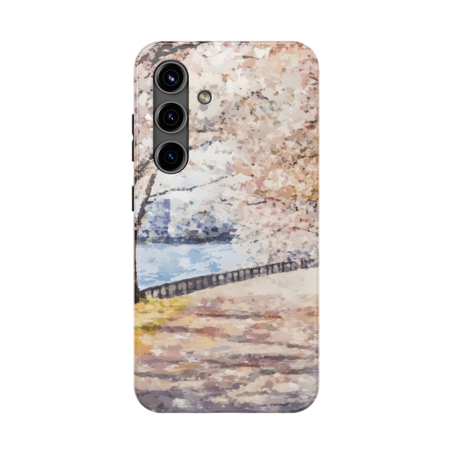 Pastel cherry blossom phone case with impressionist river and path design
