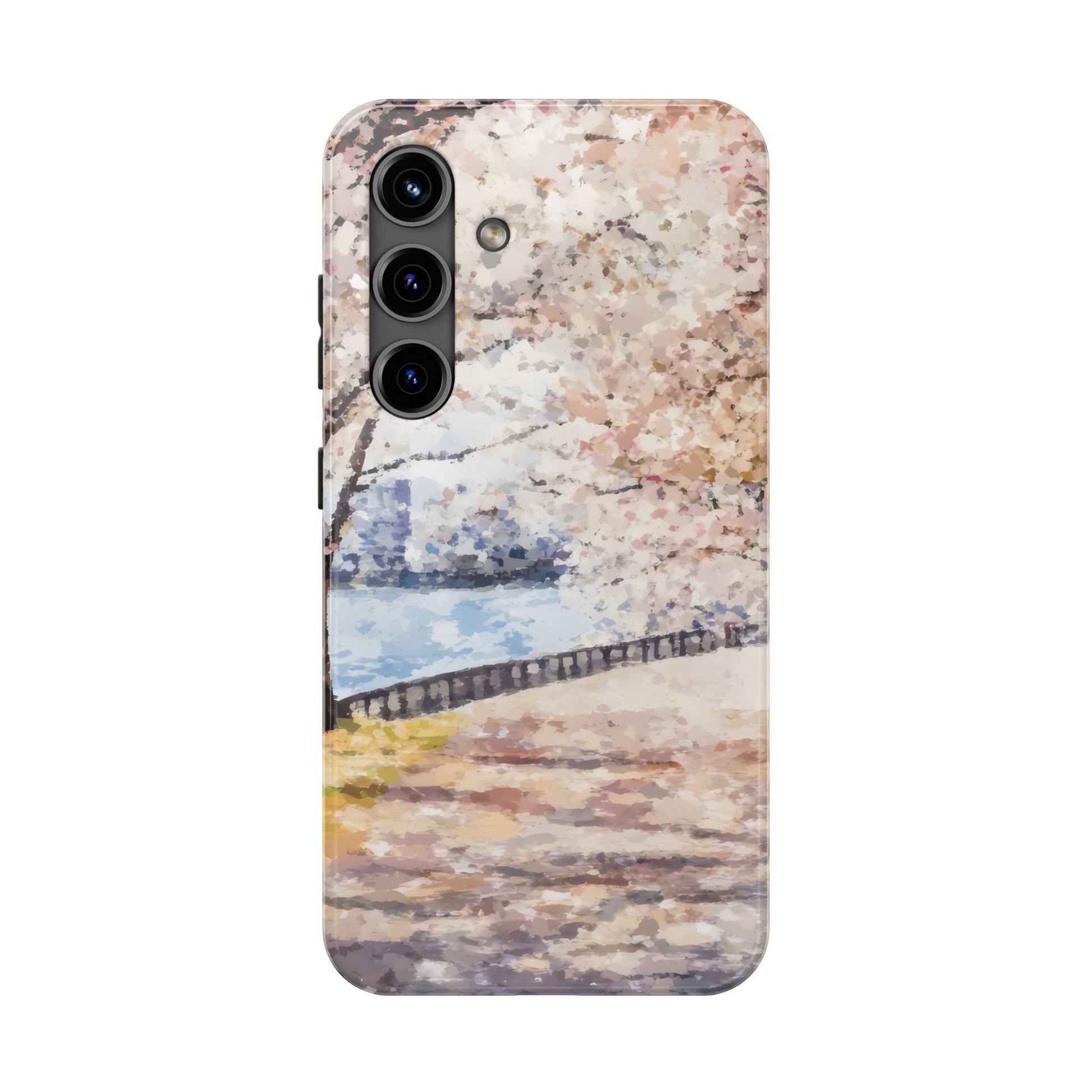 Pastel cherry blossom phone case with impressionist river and path design