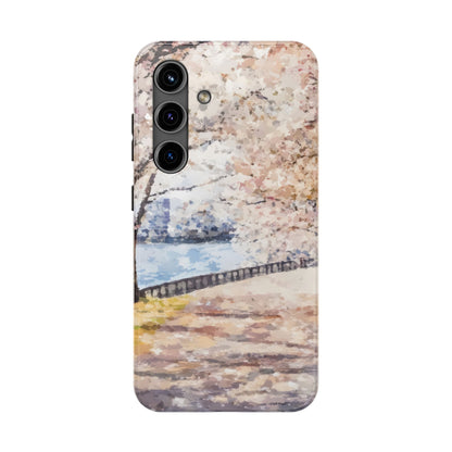 Pastel cherry blossom phone case with impressionist river and path design