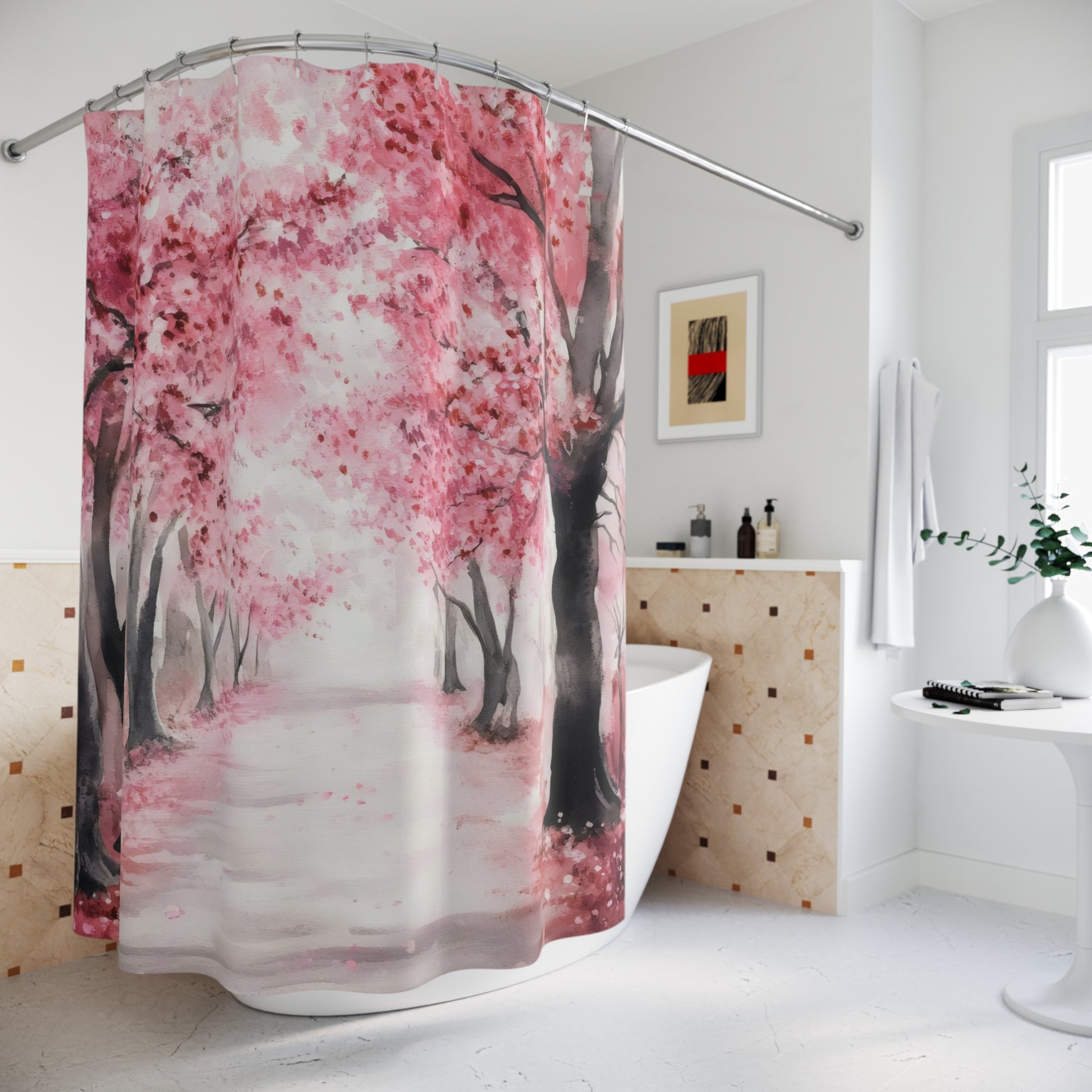 Cherry blossom shower curtain with pink watercolor tree pathway in bright modern bathroom