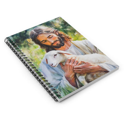 Spiral notebook with painting of Jesus holding a lamb, Christian art stationery