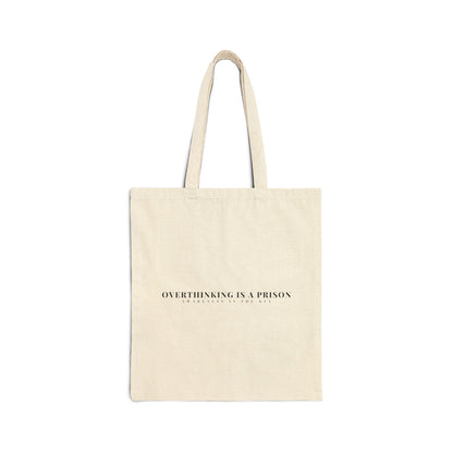Natural cotton tote bag with "Overthinking is a prison, awareness is the key" inspirational quote