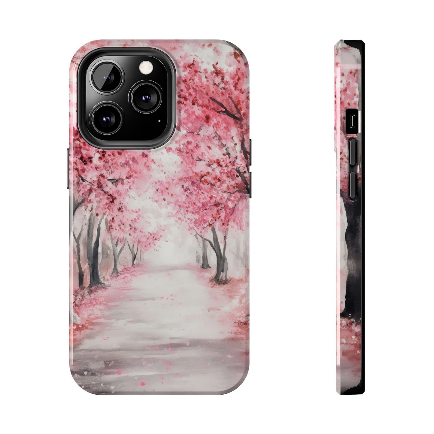 Phone case featuring a peaceful pink cherry blossom tree path watercolor design