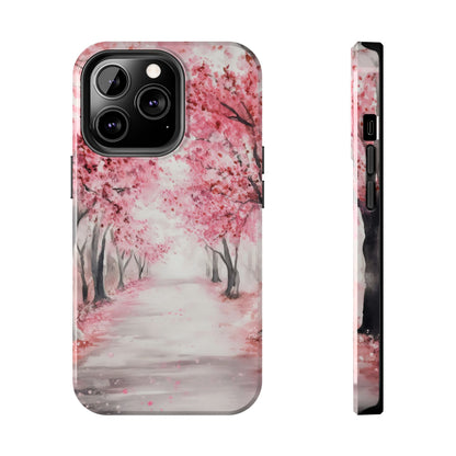 Phone case featuring a peaceful pink cherry blossom tree path watercolor design