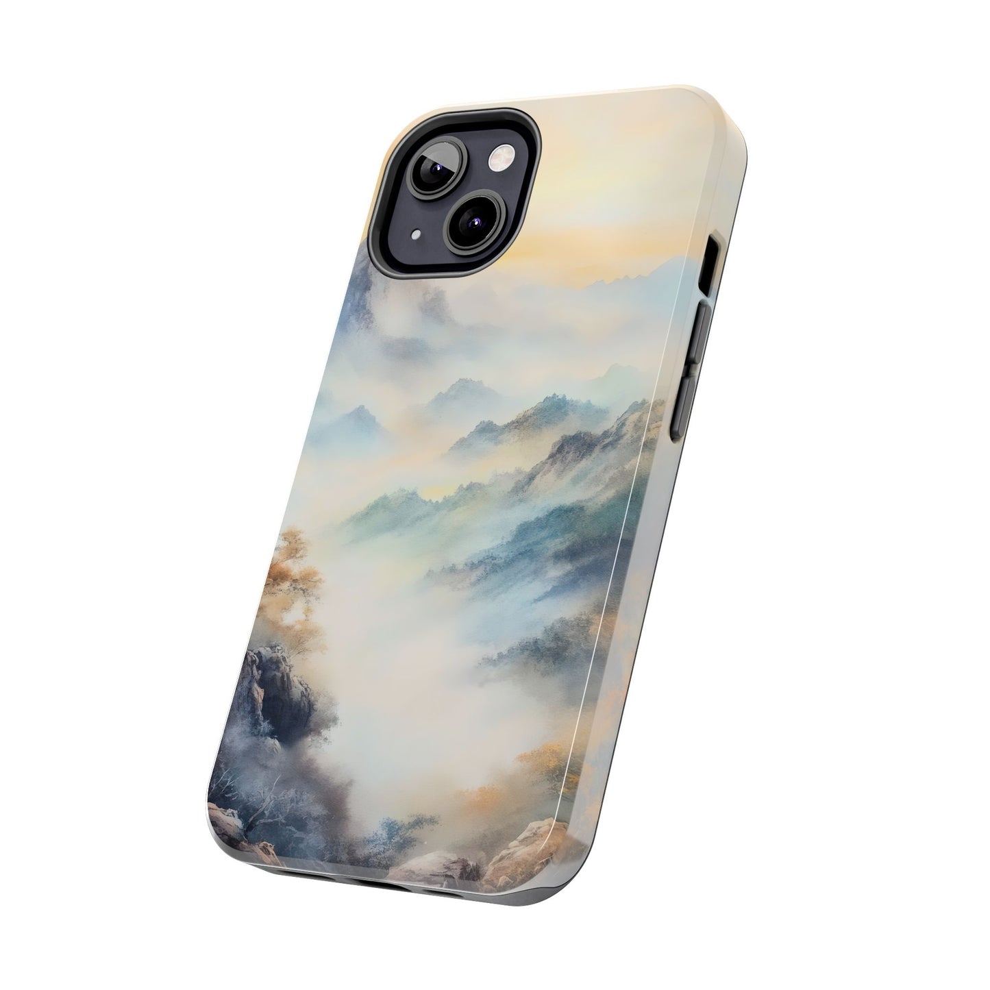 Phone case with serene watercolor mountain landscape, misty sky, and tranquil colors