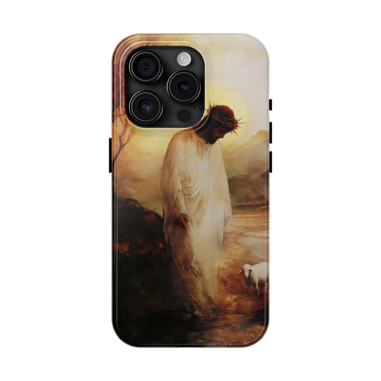 Phone case with a painting of Jesus in white robe and crown of thorns beside a lamb outdoors