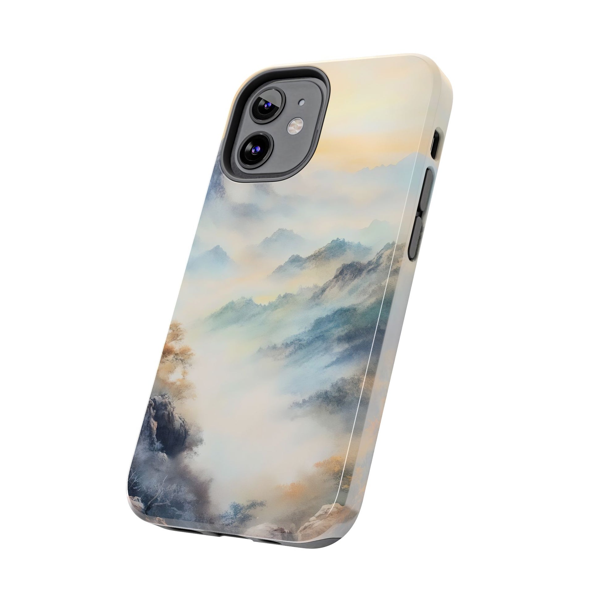 iPhone case with serene mountain landscape and misty pastel sky, spiritual phone accessory