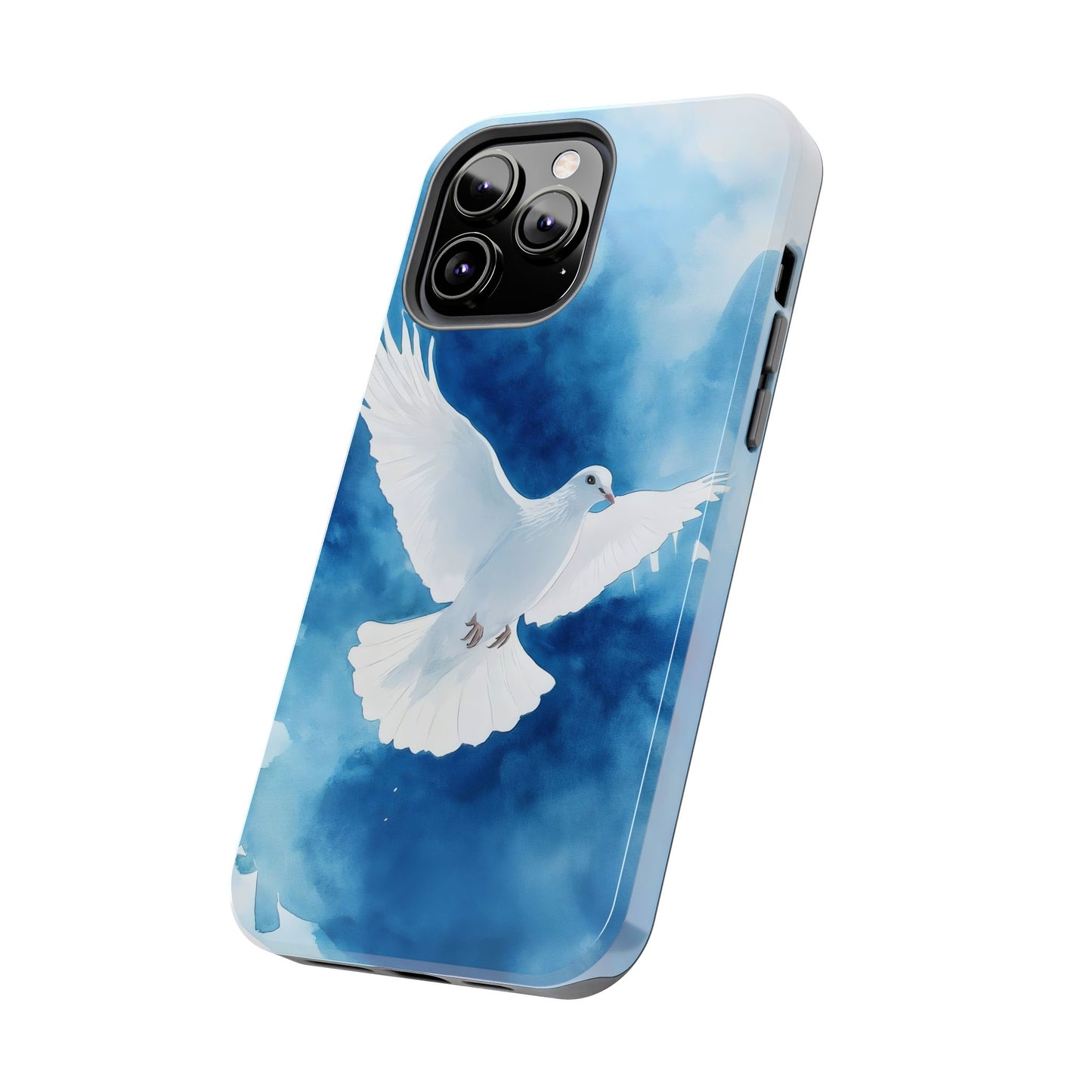 Christian phone case with white dove illustration and blue watercolor background