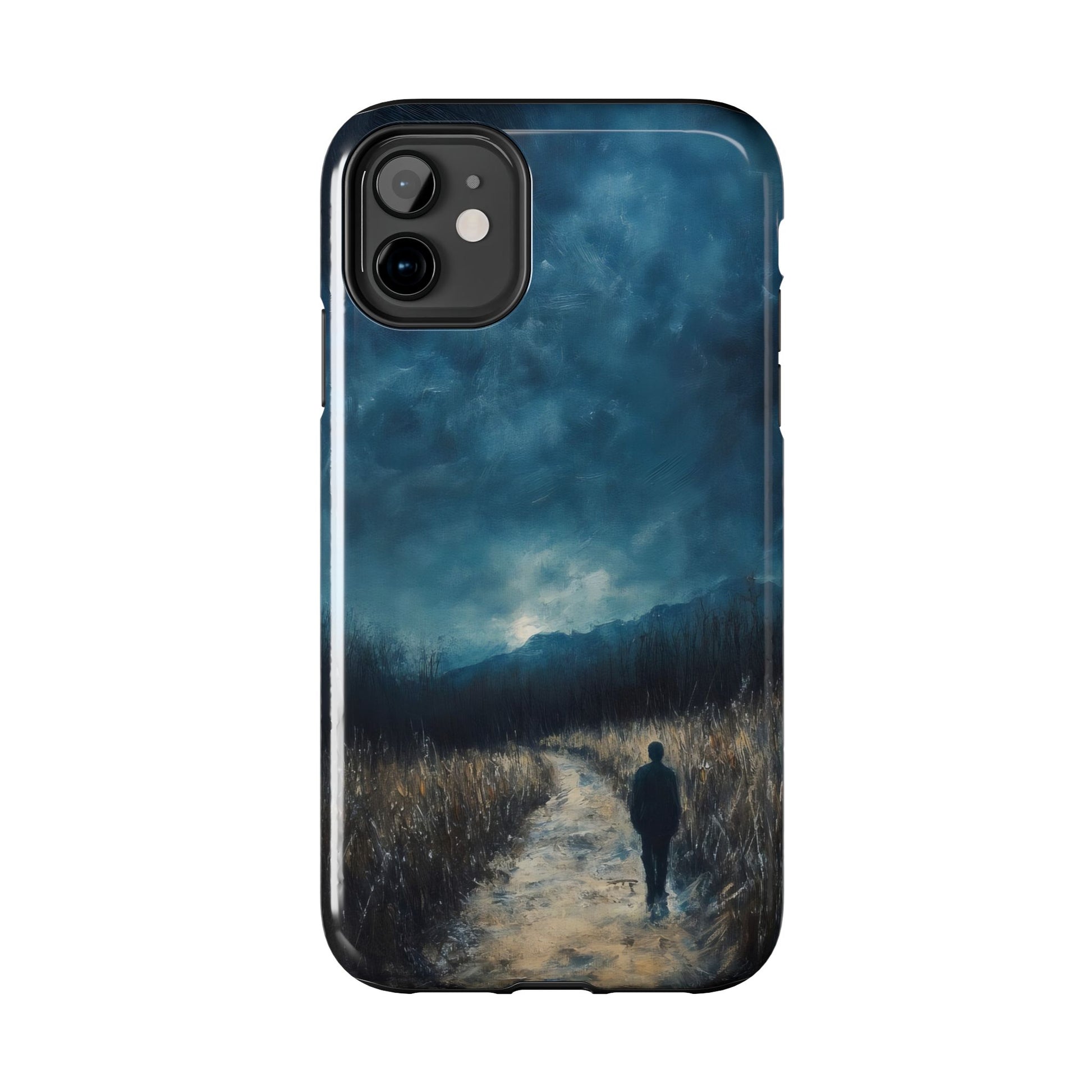 Phone case with serene Christian art depicting a figure walking a peaceful path at dusk.