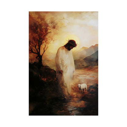 Christian wall art of Jesus in white robe with crown of thorns and a lamb in a serene landscape