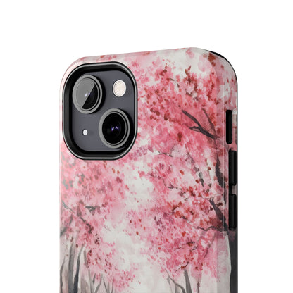 Phone case with watercolor pink cherry blossom tree design, spiritual floral accessory