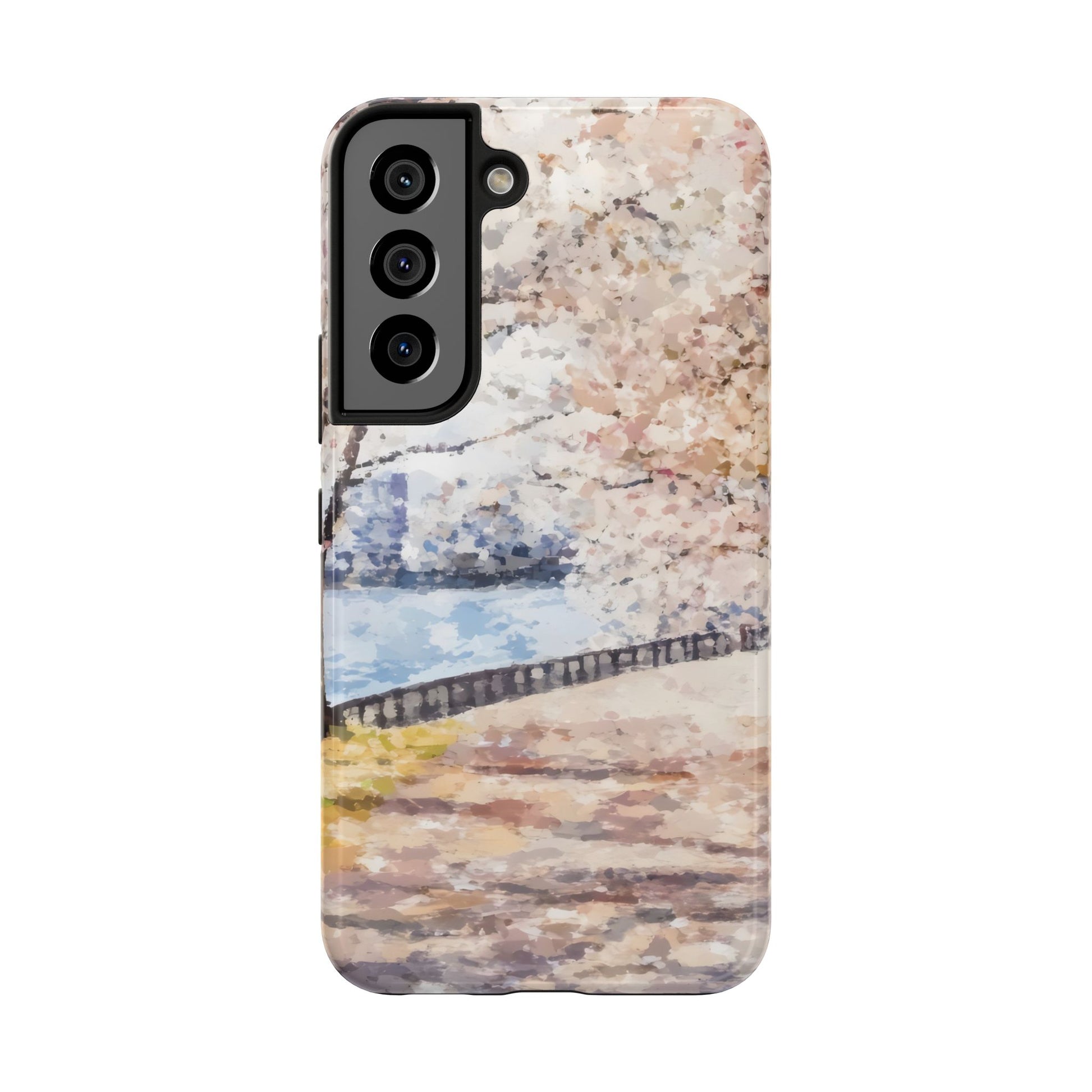 Phone case with watercolor cherry blossom tree and peaceful riverside path