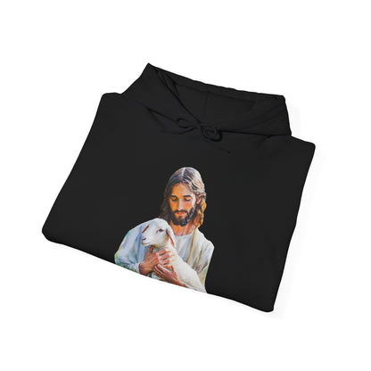 Black Christian hoodie with serene Jesus holding a lamb, spiritual faith-inspired apparel