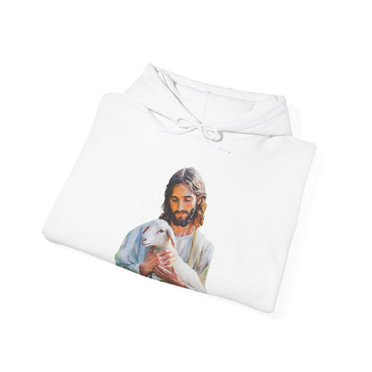 White hoodie featuring a serene Jesus holding a lamb graphic, Christian faith apparel
