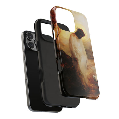 Christian phone case with Jesus in white robe, crown of thorns, and a lamb in a sunset landscape